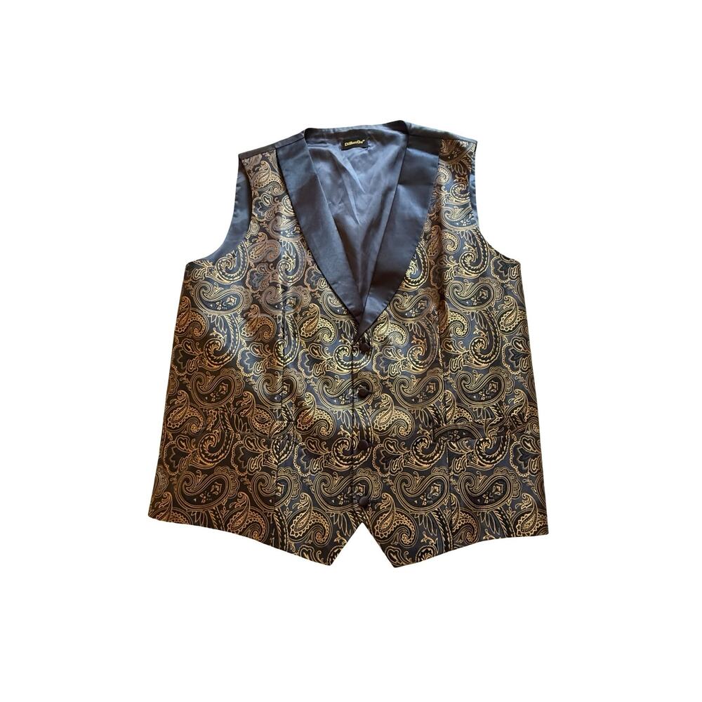 Tuxedo Waistcoat Mens Size 3XL Black Gold Paisley Formal Vest Adjustable EUC